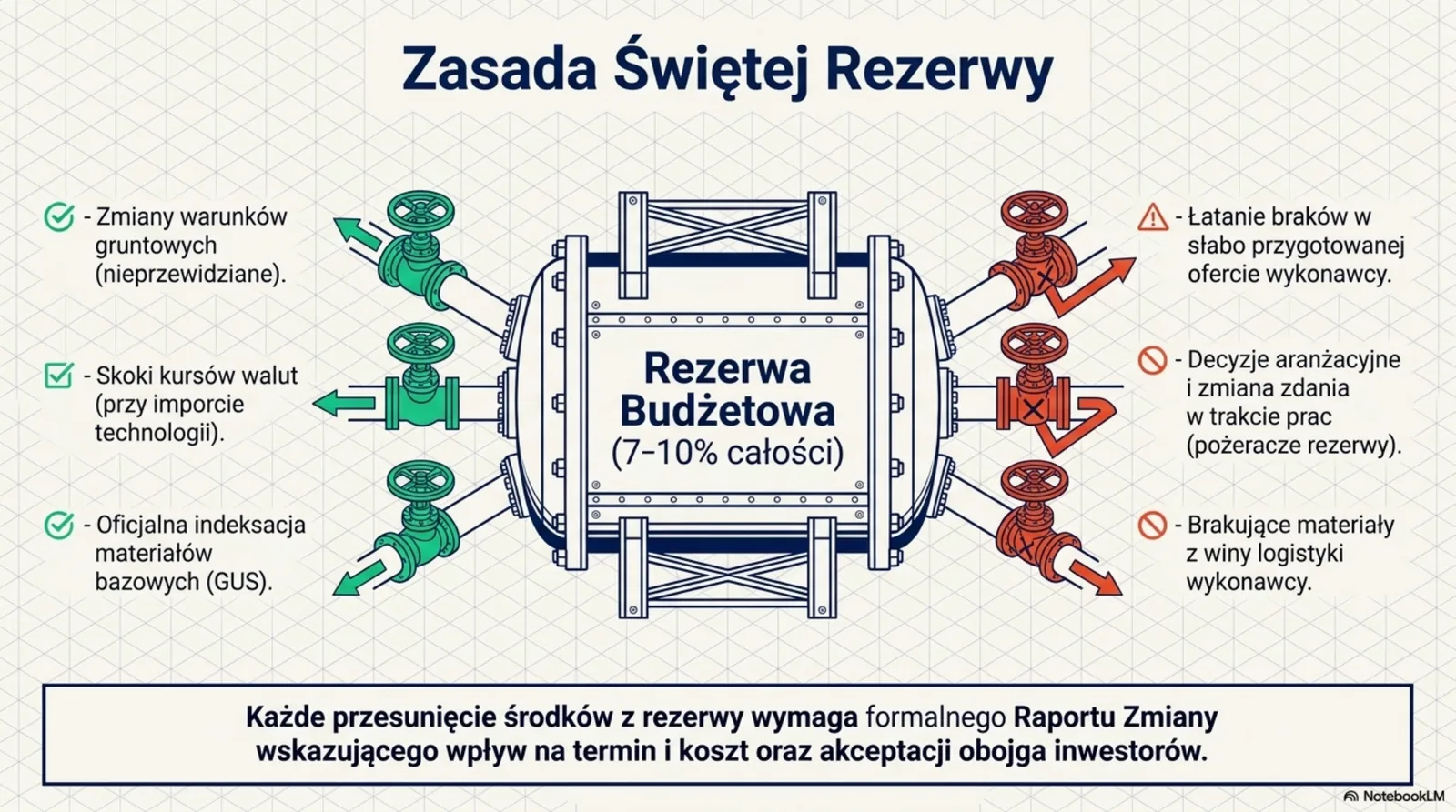 Schemat zbiornika 'Rezerwa Budżetowa 7-10%' z zaworami: zielone (zmiany gruntu, kursy walut, indeksacja GUS) i czerwone (łatanie braków, decyzje aranżacyjne, brakujące materiały)