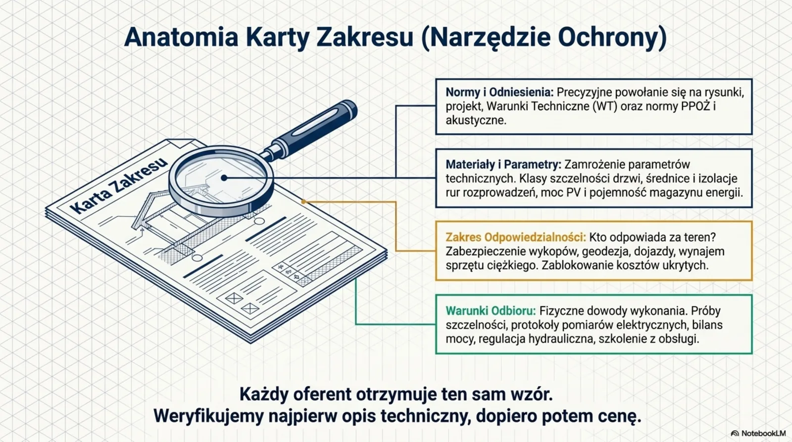 Diagram Karty Zakresu z 4 sekcjami: Normy i Odniesienia (rysunki, WT, PPOŻ, akustyka), Materiały i Parametry (klasy szczelności, średnice rur, moc PV), Zakres Odpowiedzialności (kto za teren, BHP, dojazdy), Warunki Odbioru (próby szczelności, protokoły pomiarów)