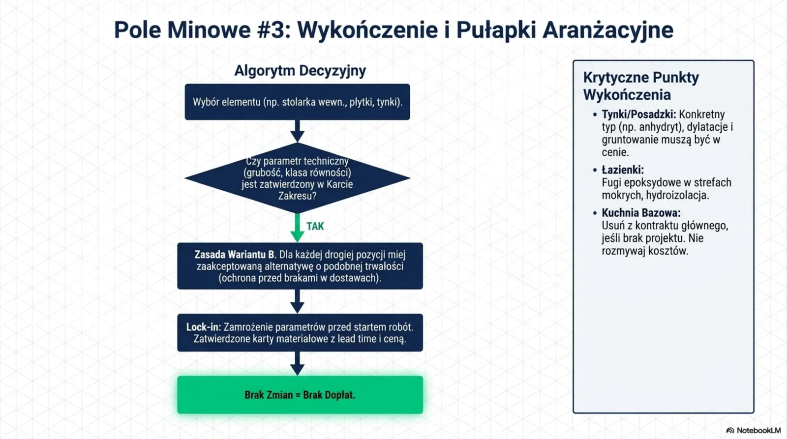 Algorytm decyzyjny: wybór elementu → czy parametr w Karcie Zakresu → Zasada Wariantu B (alternatywa o podobnej trwałości) → Lock-in parametrów → Brak Zmian = Brak Dopłat