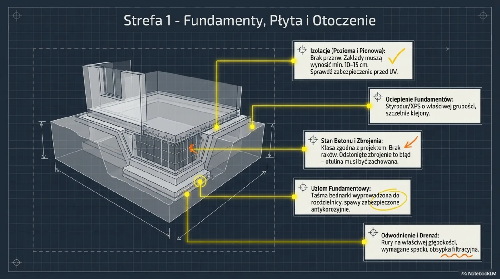 Schemat fundamentów z 5 punktami kontrolnymi: izolacje pozioma i pionowa, ocieplenie fundamentów, stan betonu i zbrojenia, uziom fundamentowy, odwodnienie i drenaż