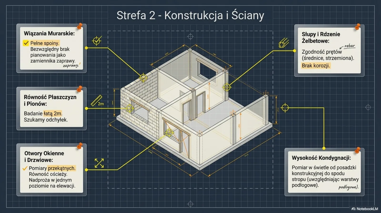 Schemat ścian konstrukcyjnych z 5 punktami: wiązania murarskie, równość płaszczyzn, otwory okienne i drzwiowe, słupy żelbetowe, wysokość kondygnacji