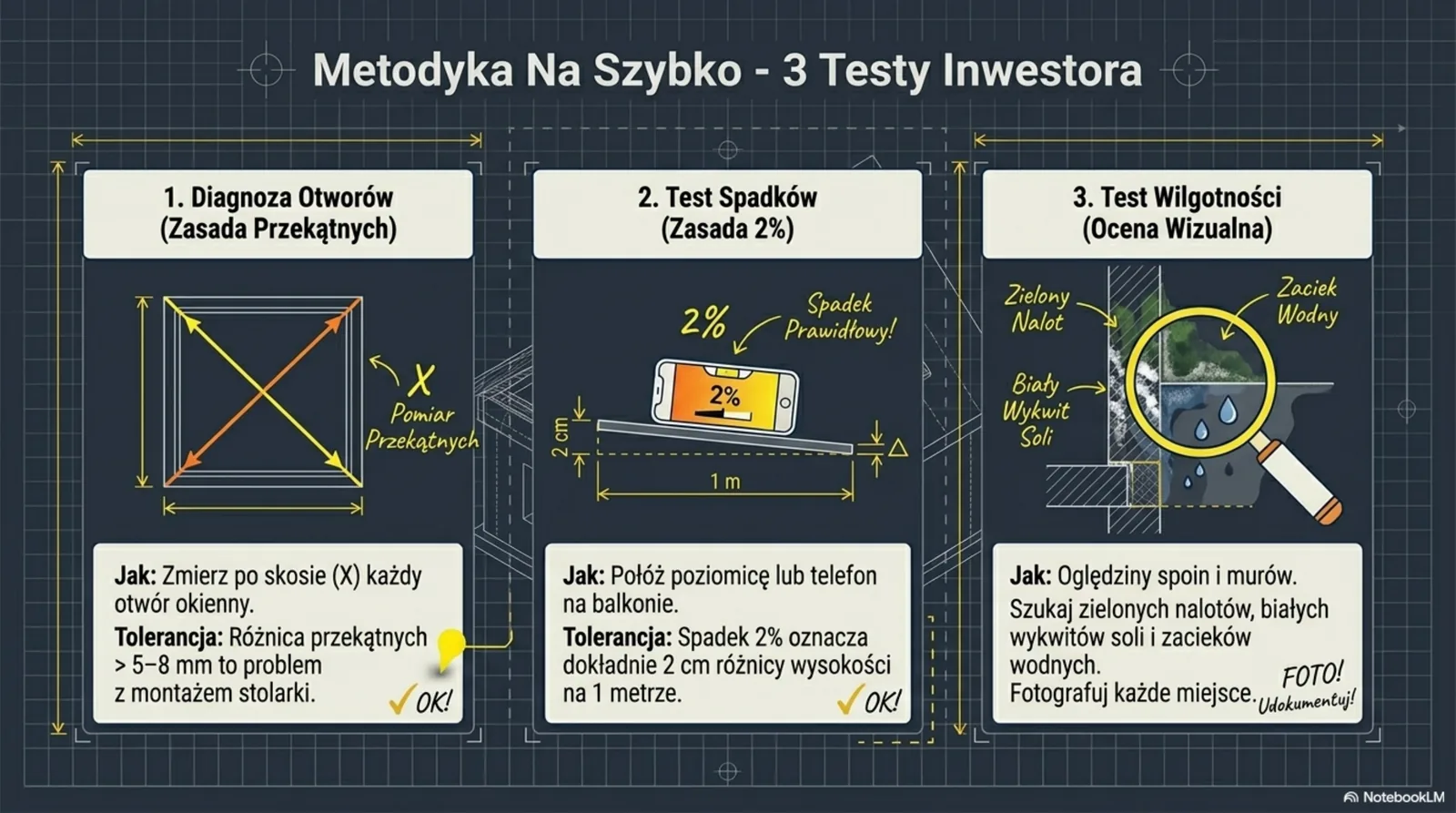 Trzy testy: diagnoza otworów (przekątne), test spadków 2%, test wilgotności (ocena wizualna)