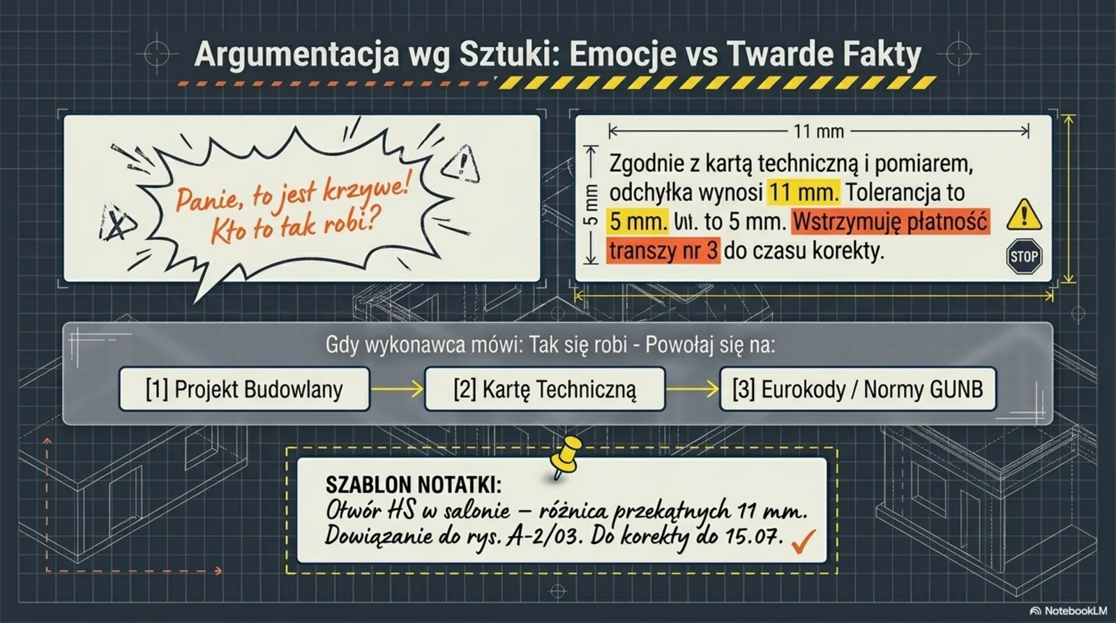 Porównanie dwóch komunikatów: emocjonalny 'Panie, to jest krzywe!' vs konkretny pomiar 11mm z tolerancją 5mm i wstrzymaną płatnością transzy 3